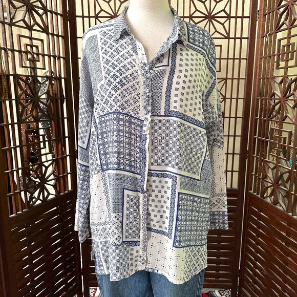 Johnny Was Pete & Greta Rinit Silk Button Front Long Sleeve Top Sz L - Picture 1 of 8